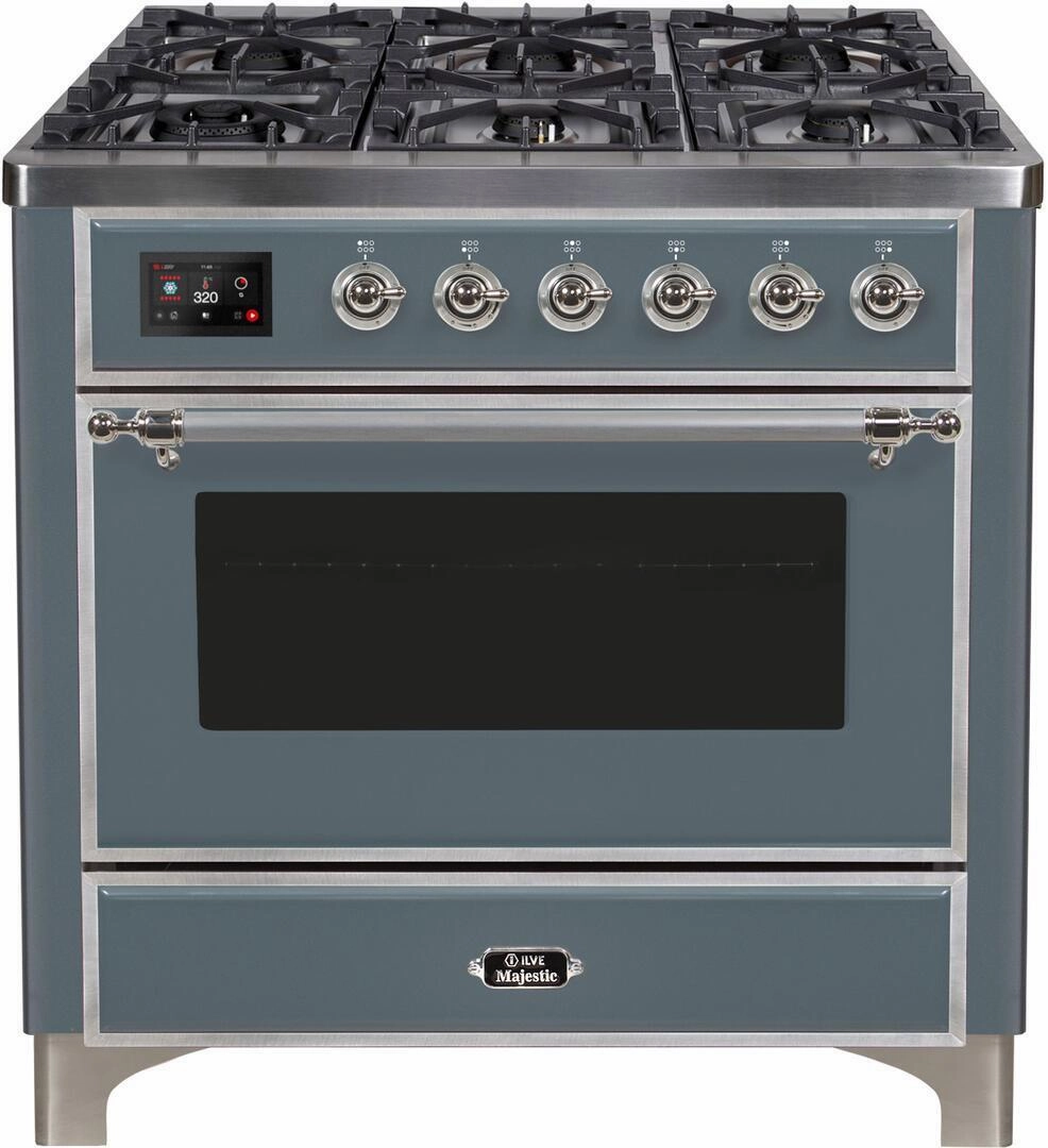 Ilve UM09FDNS3BGCLP Majestic Ii 36 Inch Dual Fuel Liquid Propane Freestanding Range In Blue Grey With Chrome Trim Freestanding Ranges freestanding dual fuel range 30 inch