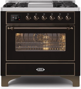 Ilve UM09FDNS3BKB Majestic Ii 36 Inch Dual Fuel Natural Gas Freestanding Range In Glossy Black With Bronze Trim Freestanding Ranges freestanding dual fuel range 30 inch