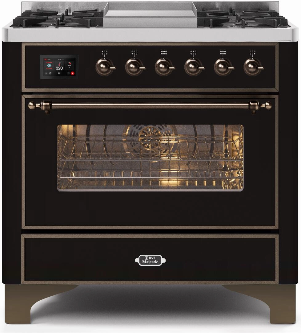 Ilve UM09FDNS3BKB Majestic Ii 36 Inch Dual Fuel Natural Gas Freestanding Range In Glossy Black With Bronze Trim Freestanding Ranges freestanding dual fuel range 30 inch