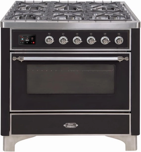 Ilve UM09FDNS3BKC Majestic Ii 36 Inch Dual Fuel Natural Gas Freestanding Range In Glossy Black With Chrome Trim Freestanding Ranges freestanding dual fuel range 30 inch