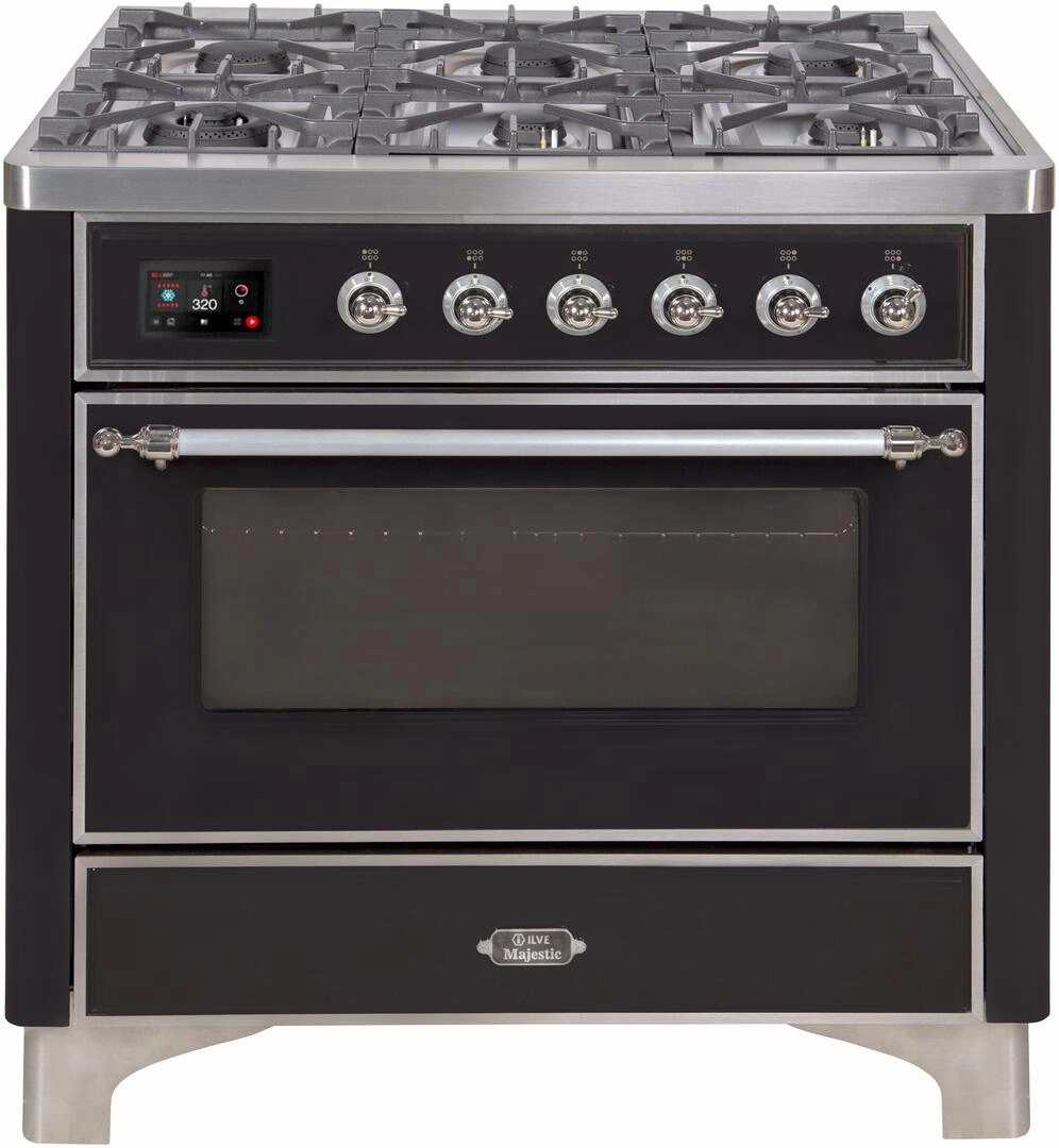 Ilve UM09FDNS3BKC Majestic Ii 36 Inch Dual Fuel Natural Gas Freestanding Range In Glossy Black With Chrome Trim Freestanding Ranges freestanding dual fuel range 30 inch