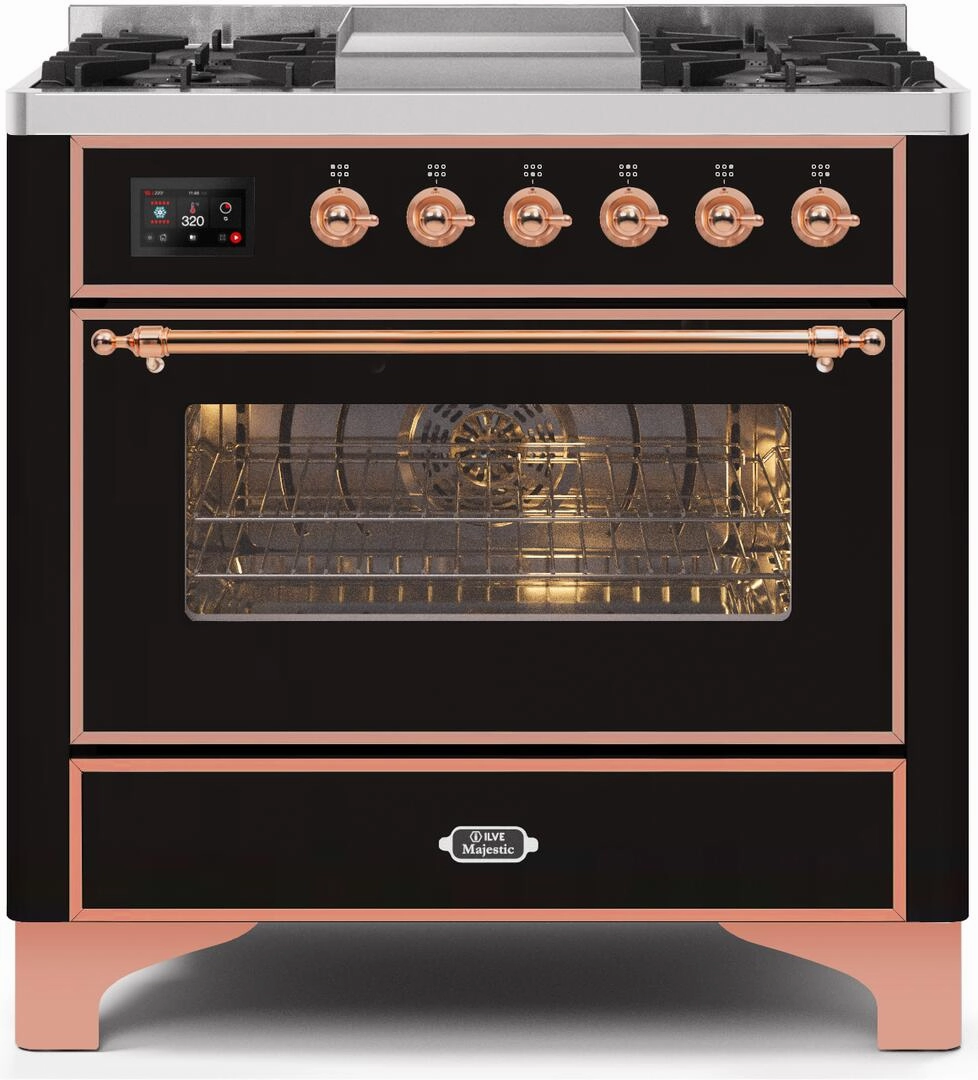 Ilve UM09FDNS3BKP Majestic Ii 36 Inch Dual Fuel Natural Gas Freestanding Range In Glossy Black With Copper Trim Freestanding Ranges freestanding dual fuel range 30 inch