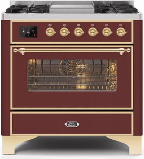 Ilve UM09FDNS3BUGLP Majestic Ii 36 Inch Dual Fuel Liquid Propane Freestanding Range In Burgundy With Brass Trim Freestanding Ranges freestanding dual fuel range 30 inch