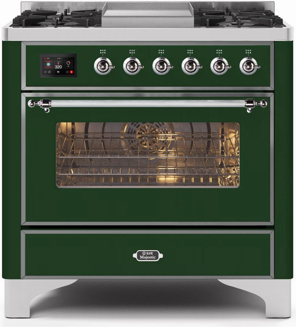 Ilve UM09FDNS3EGC Majestic Ii 36 Inch Dual Fuel Natural Gas Freestanding Range In Emerald Green With Chrome Trim Freestanding Ranges freestanding dual fuel range 30 inch