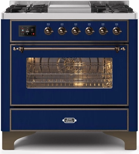 Ilve UM09FDNS3MBB Majestic Ii 36 Inch Dual Fuel Natural Gas Freestanding Range In Blue With Bronze Trim Freestanding Ranges freestanding dual fuel range 30 inch