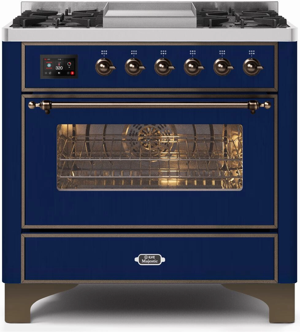 Ilve UM09FDNS3MBB Majestic Ii 36 Inch Dual Fuel Natural Gas Freestanding Range In Blue With Bronze Trim Freestanding Ranges freestanding dual fuel range 30 inch