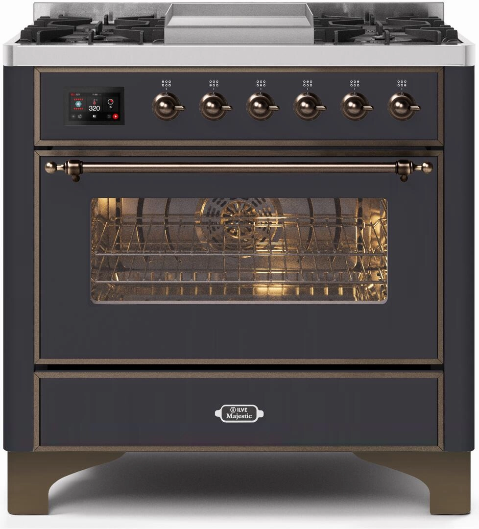 Ilve UM09FDNS3MGBLP Majestic Ii 36 Inch Dual Fuel Liquid Propane Freestanding Range In Matte Graphite With Bronze Trim Freestanding Ranges freestanding dual fuel range 30 inch