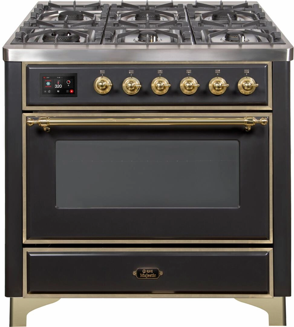 Ilve UM09FDNS3MGG Majestic Ii 36 Inch Dual Fuel Natural Gas Freestanding Range In Matte Graphite With Brass Trim Freestanding Ranges freestanding dual fuel range 30 inch