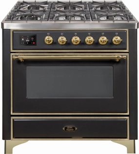 Ilve UM09FDNS3MGGLP Majestic Ii 36 Inch Dual Fuel Liquid Propane Freestanding Range In Matte Graphite With Brass Trim Freestanding Ranges freestanding dual fuel range 30 inch
