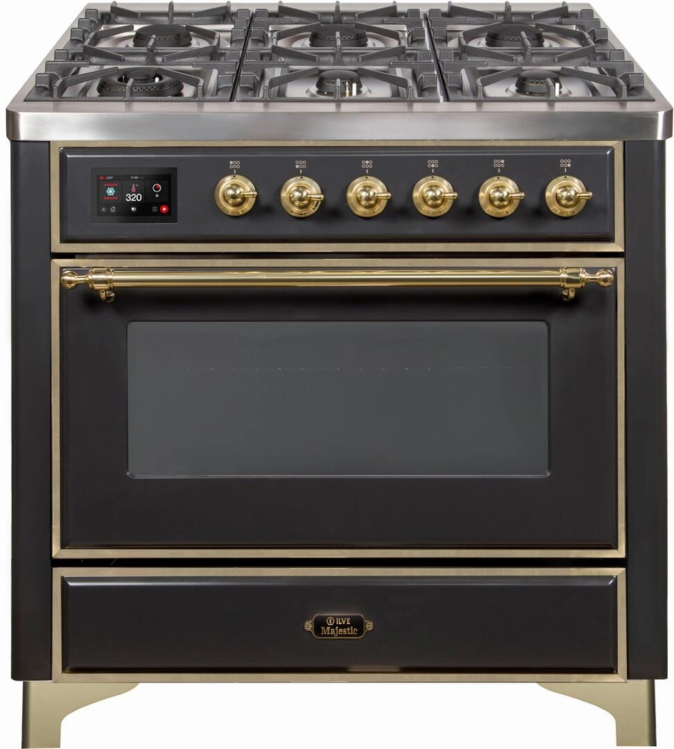 Ilve UM09FDNS3MGGLP Majestic Ii 36 Inch Dual Fuel Liquid Propane Freestanding Range In Matte Graphite With Brass Trim Freestanding Ranges freestanding dual fuel range 30 inch