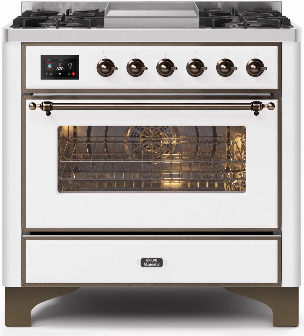 Ilve UM09FDNS3WHBLP Majestic Ii 36 Inch Dual Fuel Liquid Propane Freestanding Range In White With Bronze Trim Freestanding Ranges freestanding dual fuel range 30 inch