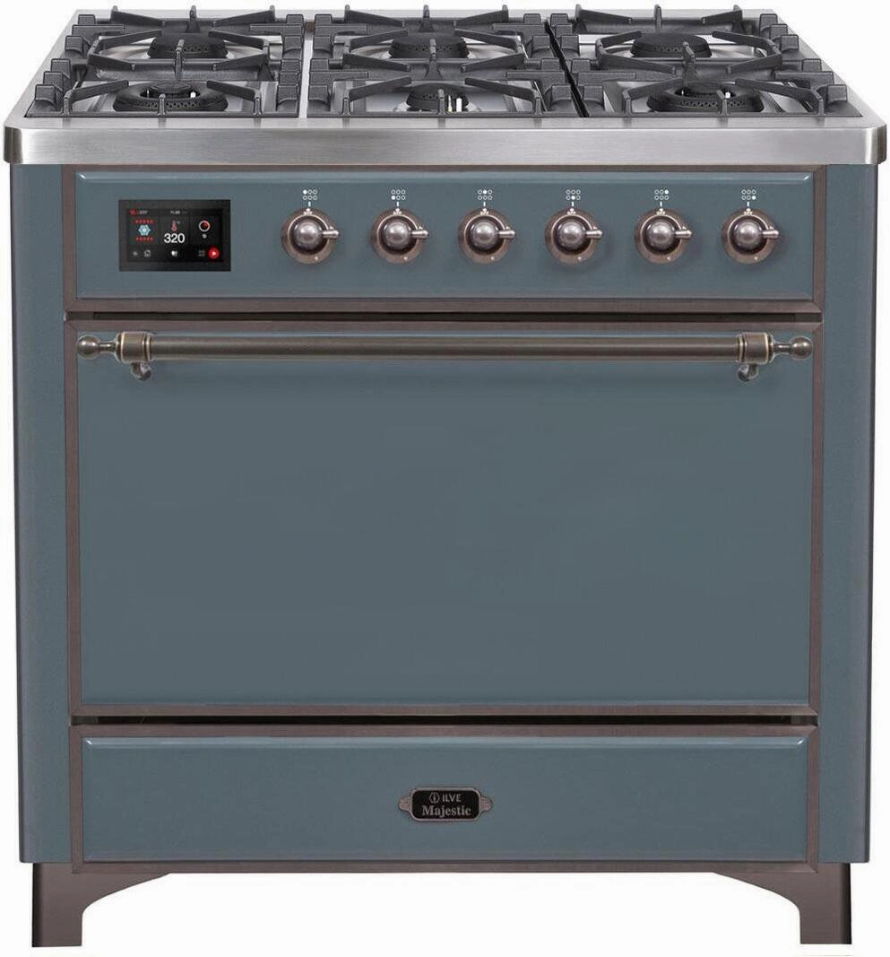 Ilve UM09FDQNS3BGBLP 36 Inch Dual Fuel Liquid Propane Freestanding Range In Blue Grey With Bronze Trim Freestanding Ranges freestanding dual fuel range 30 inch