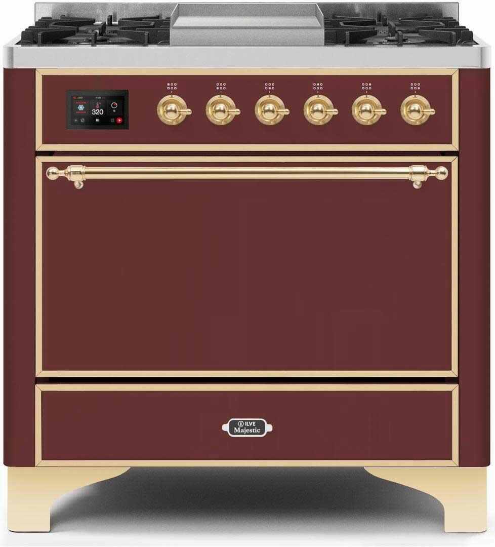 Ilve UM09FDQNS3BUGLP Majestic Ii 36 Inch Dual Fuel Liquid Propane Freestanding Range In Burgundy With Brass Trim Freestanding Ranges freestanding dual fuel range 30 inch