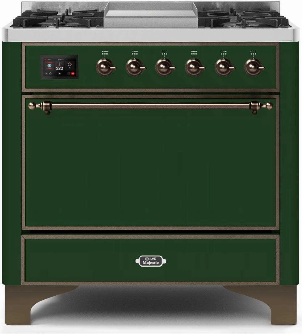 Ilve UM09FDQNS3EGB Majestic Ii 36 Inch Dual Fuel Natural Gas Freestanding Range In Emerald Green With Bronze Trim Freestanding Ranges freestanding dual fuel range 30 inch
