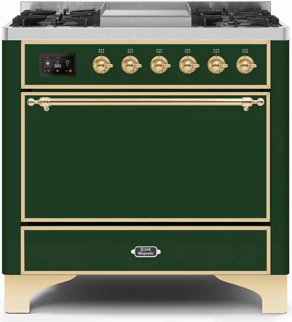 Ilve UM09FDQNS3EGG Majestic Ii 36 Inch Dual Fuel Natural Gas Freestanding Range In Emerald Green With Brass Trim Freestanding Ranges freestanding dual fuel range 30 inch