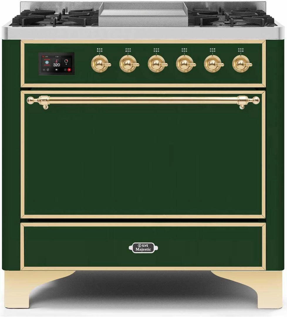Ilve UM09FDQNS3EGGLP Majestic Ii 36 Inch Dual Fuel Liquid Propane Freestanding Range In Emerald Green With Brass Trim Freestanding Ranges freestanding dual fuel range 30 inch