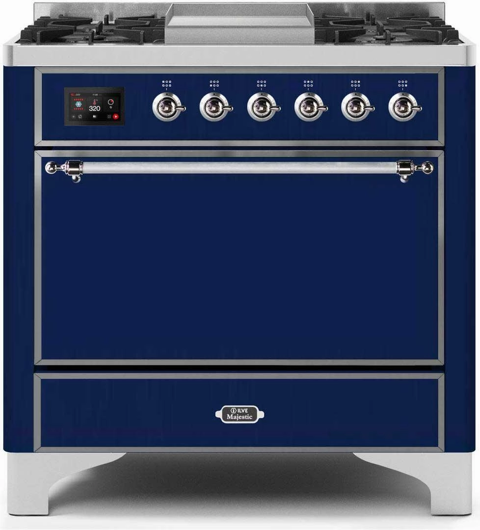 Ilve UM09FDQNS3MBC Majestic Ii 36 Inch Dual Fuel Natural Gas Freestanding Range In Blue With Chrome Trim Freestanding Ranges freestanding dual fuel range 30 inch