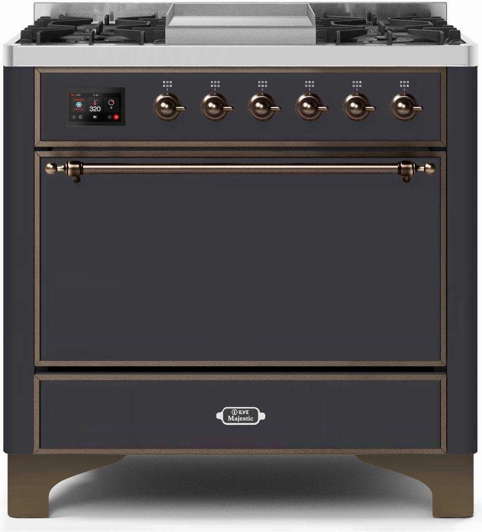 Ilve UM09FDQNS3MGB Majestic Ii 36 Inch Dual Fuel Natural Gas Freestanding Range In Matte Graphite With Bronze Trim Freestanding Ranges freestanding dual fuel range 30 inch