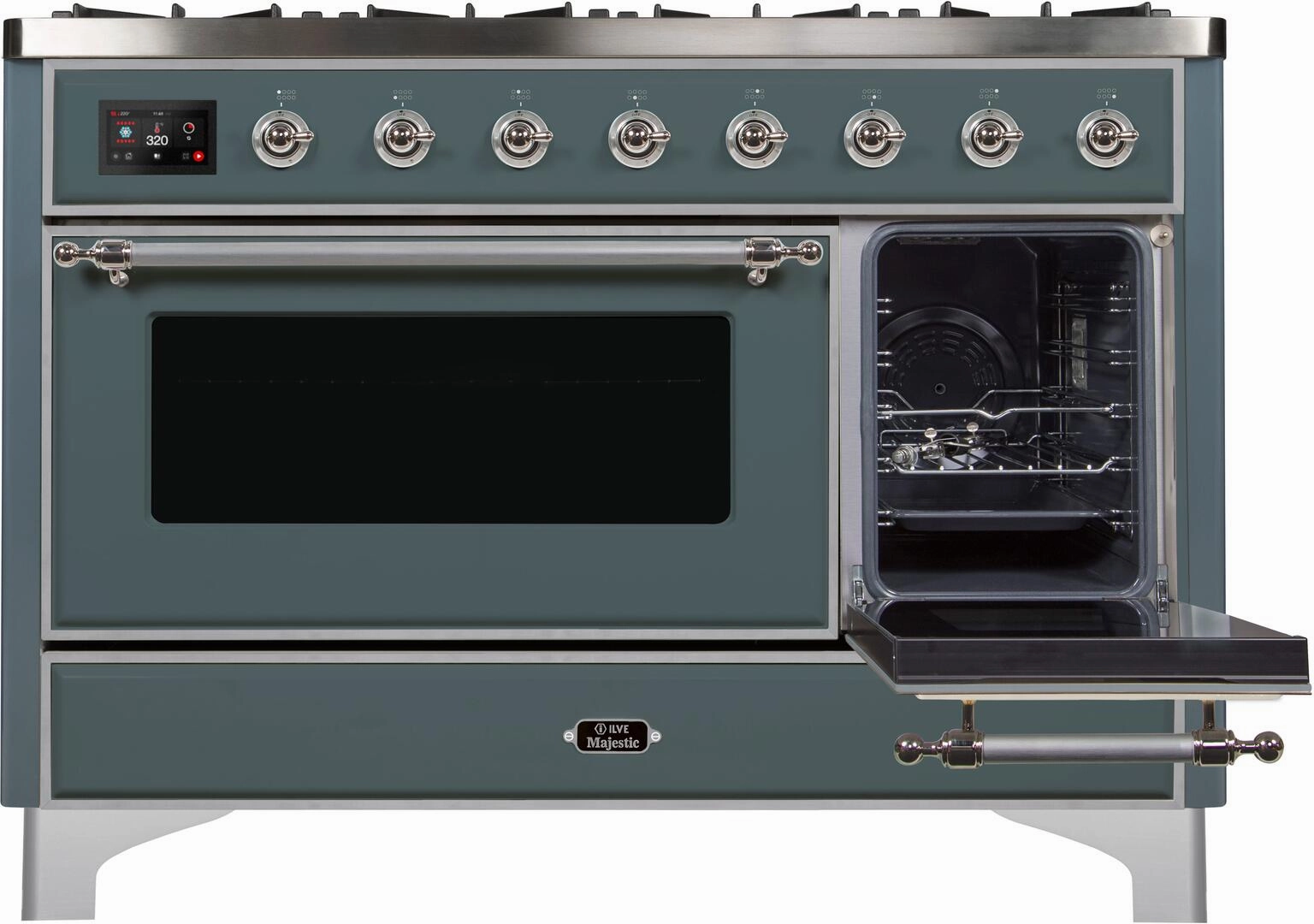 Ilve UM12FDNS3BGCLP Majestic Ii 48 Inch Dual Fuel Liquid Propane Freestanding Range In Blue Grey With Chrome Trim
