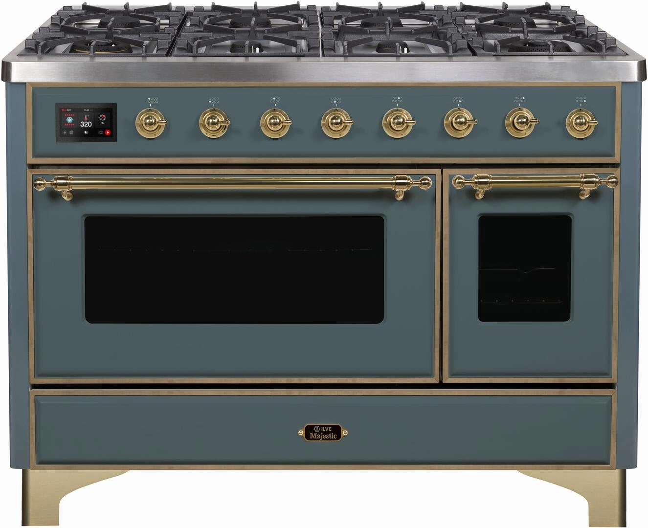 Ilve UM12FDNS3BGGLP Majestic Ii 48 Inch Dual Fuel Liquid Propane Freestanding Range In Blue Grey With Brass Trim Freestanding Ranges freestanding dual fuel range 30 inch