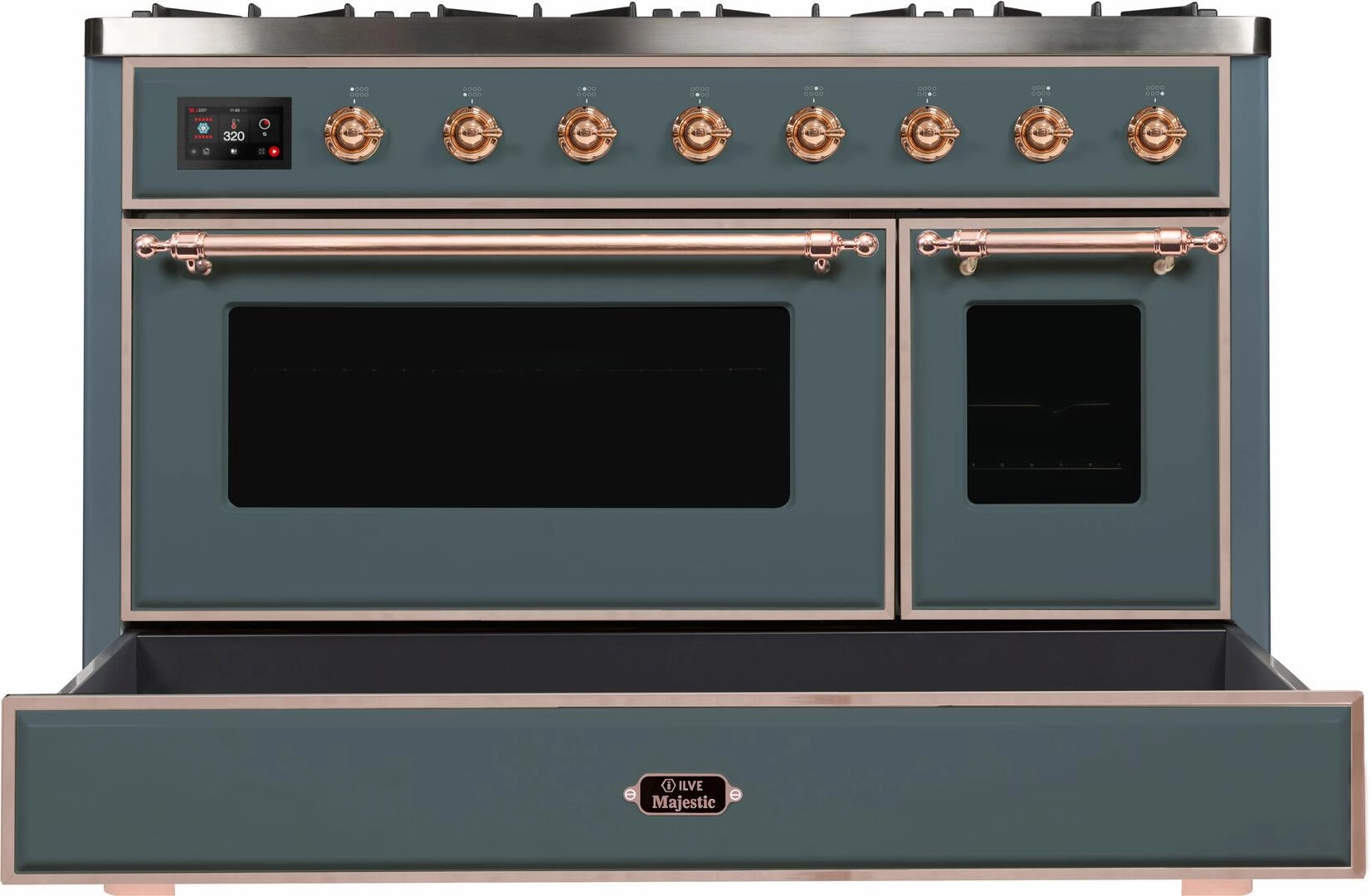 Ilve UM12FDNS3BGP Majestic Ii 48 Inch Dual Fuel Natural Gas Freestanding Range In Blue Grey With Copper Trim