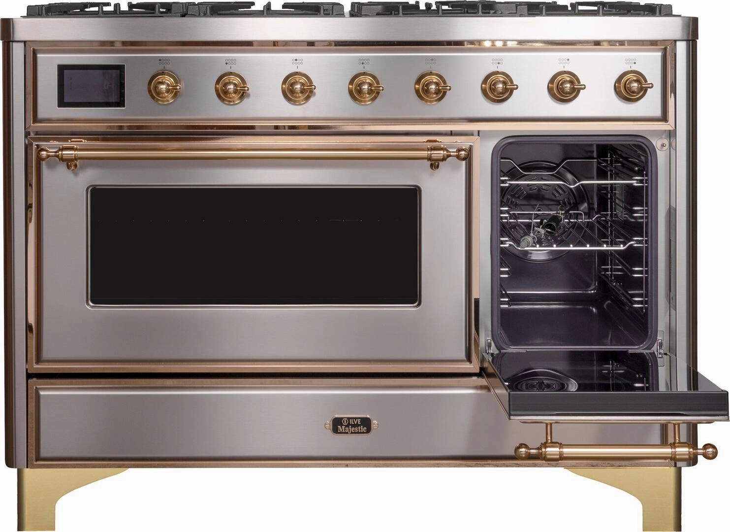 Ilve UM12FDNS3SSG Majestic Ii 48 Inch Dual Fuel Natural Gas Freestanding Range In Stainless Steel With Brass Trim