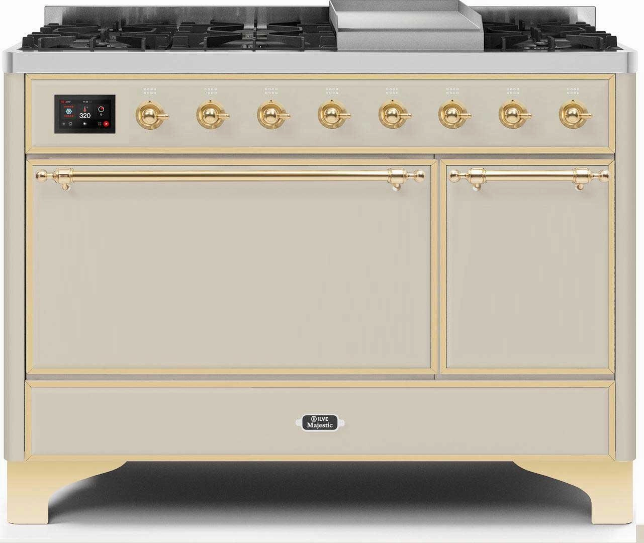 Ilve UM12FDQNS3AWG Majestic Ii 48 Inch Dual Fuel Natural Gas Freestanding Range In Antique White With Brass Trim Freestanding Ranges freestanding dual fuel range 30 inch