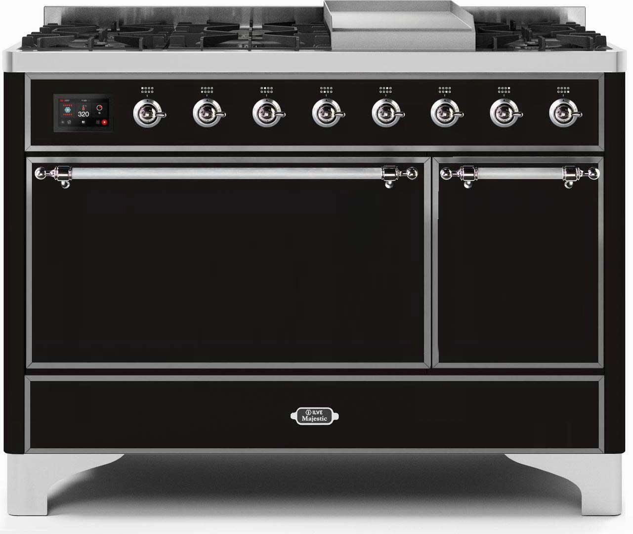 Ilve UM12FDQNS3BKC Majestic Ii 48 Inch Dual Fuel Natural Gas Freestanding Range In Glossy Black With Chrome Trim Freestanding Ranges freestanding dual fuel range 30 inch