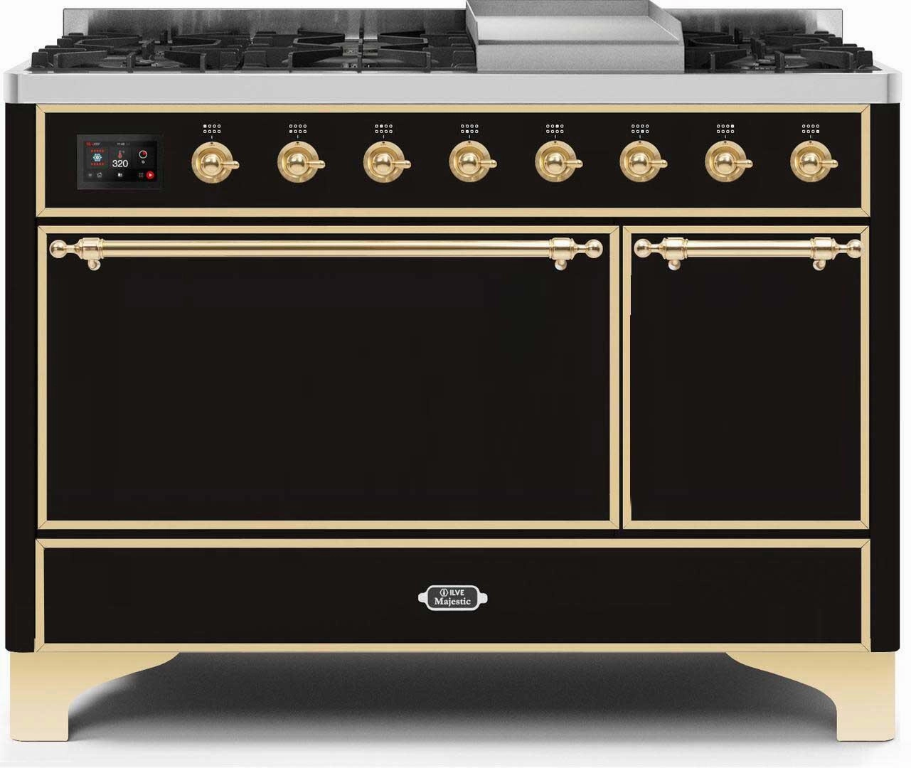 Ilve UM12FDQNS3BKG Majestic Ii 48 Inch Dual Fuel Natural Gas Freestanding Range In Glossy Black With Brass Trim Freestanding Ranges freestanding dual fuel range 30 inch