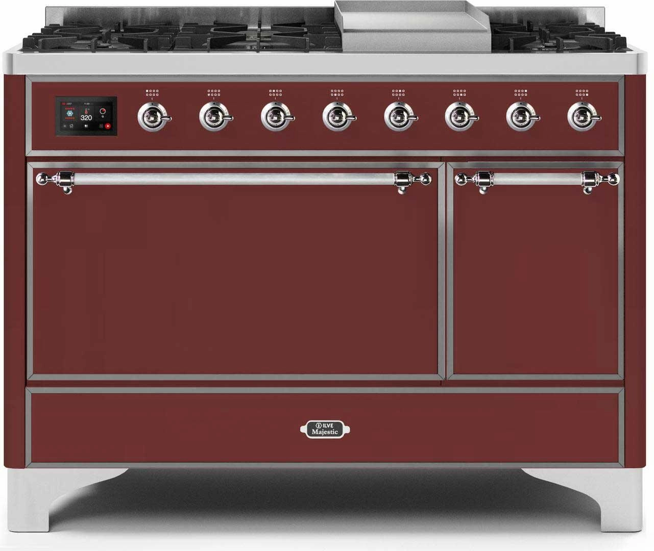 Ilve UM12FDQNS3BUC Majestic Ii 48 Inch Dual Fuel Natural Gas Freestanding Range In Burgundy With Chrome Trim Freestanding Ranges freestanding dual fuel range 30 inch