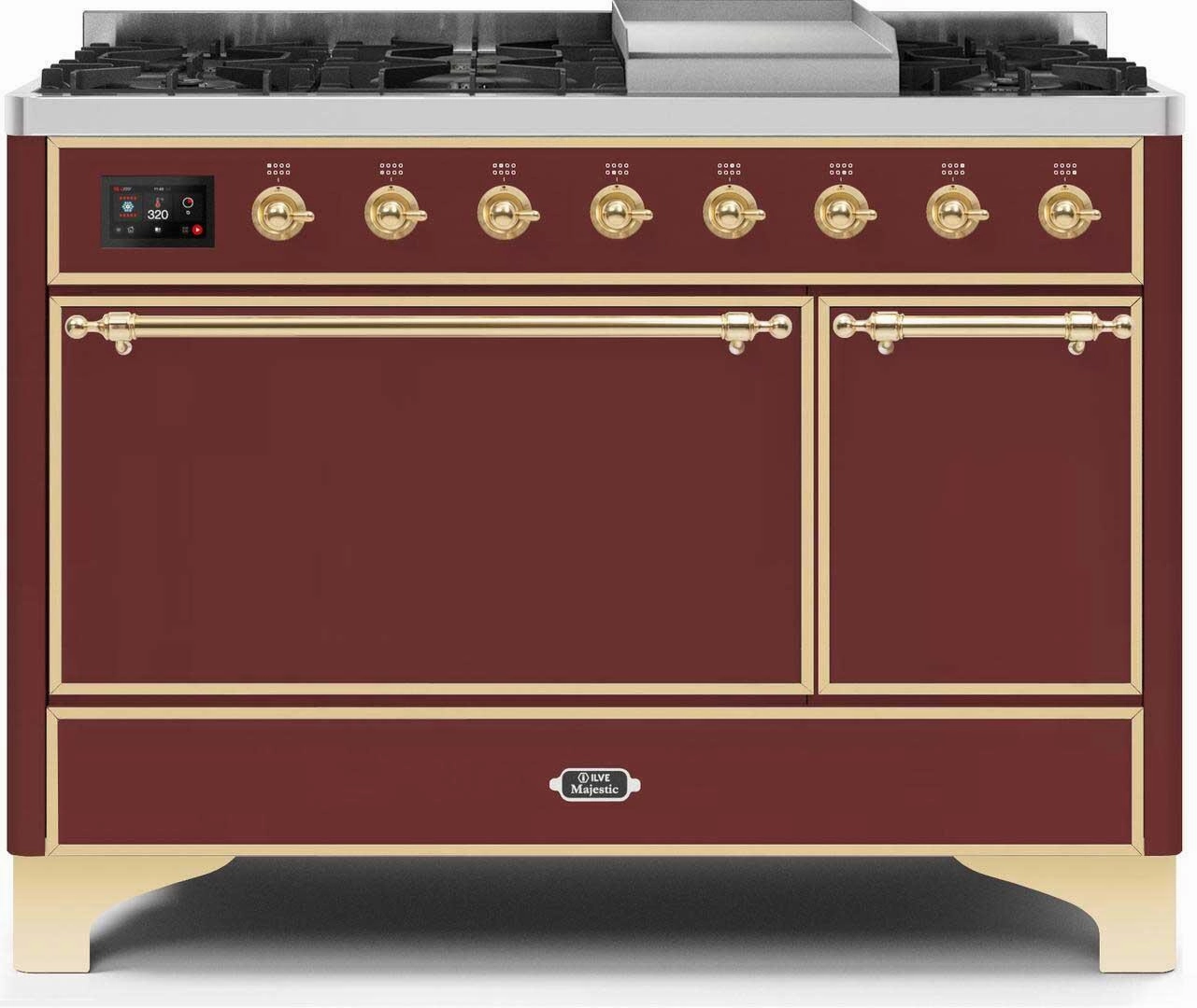 Ilve UM12FDQNS3BUG Majestic Ii 48 Inch Dual Fuel Natural Gas Freestanding Range In Burgundy With Brass Trim Freestanding Ranges freestanding dual fuel range 30 inch