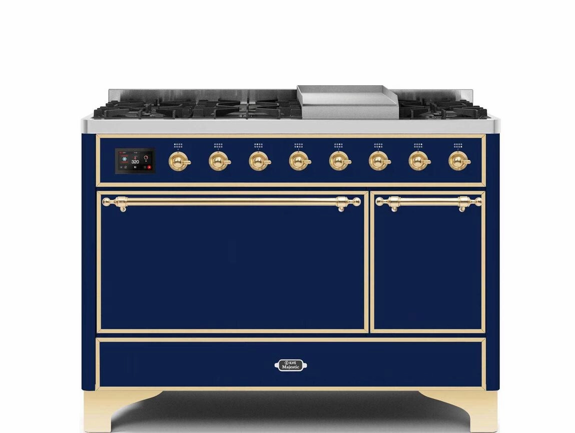 Ilve UM12FDQNS3MBG Majestic Ii 48 Inch Dual Fuel Natural Gas Freestanding Range In Blue With Brass Trim Freestanding Ranges freestanding dual fuel range 30 inch