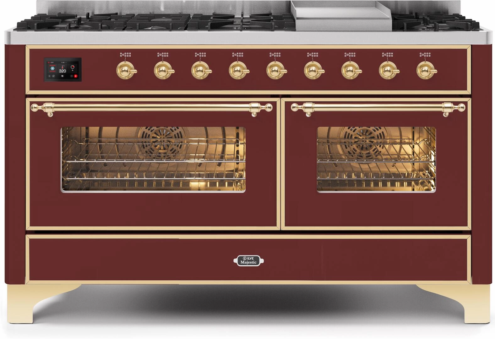 Ilve UM15FDNS3BUG Majestic Ii 60 Inch Dual Fuel Natural Gas Freestanding Range In Burgundy With Brass Trim Freestanding Ranges freestanding dual fuel range 30 inch
