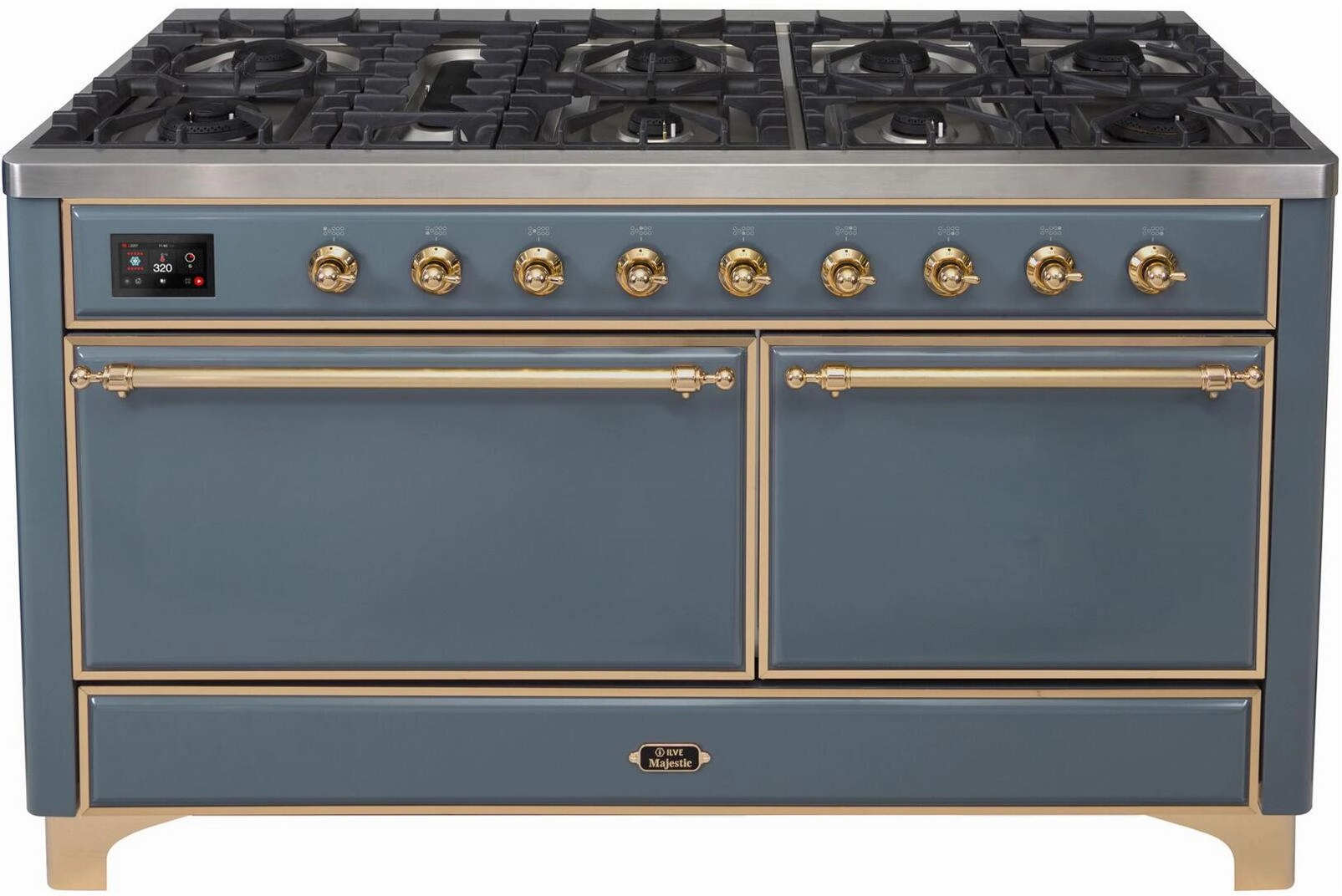 Ilve UM15FDQNS3BGG Majestic Ii 60 Inch Dual Fuel Natural Gas Freestanding Range In Blue Grey With Brass Trim Freestanding Ranges freestanding dual fuel range 30 inch