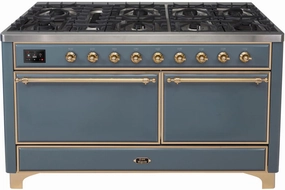 Ilve UM15FDQNS3BGG Majestic Ii 60 Inch Dual Fuel Natural Gas Freestanding Range In Blue Grey With Brass Trim Freestanding Ranges freestanding dual fuel range 30 inch
