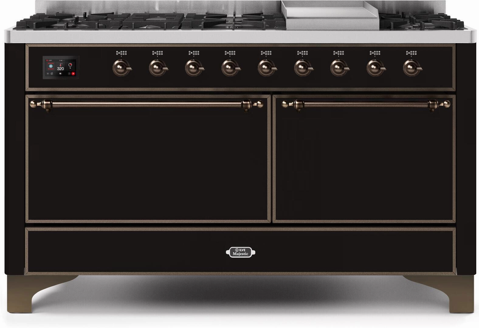 Ilve UM15FDQNS3BKB Majestic Ii 60 Inch Dual Fuel Natural Gas Freestanding Range In Glossy Black With Bronze Trim Freestanding Ranges freestanding dual fuel range 30 inch