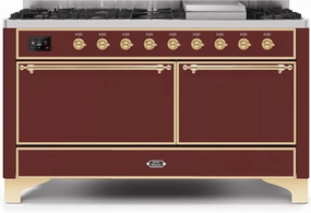 Ilve UM15FDQNS3BUG Majestic Ii 60 Inch Dual Fuel Natural Gas Freestanding Range In Burgundy With Brass Trim Freestanding Ranges freestanding dual fuel range 30 inch