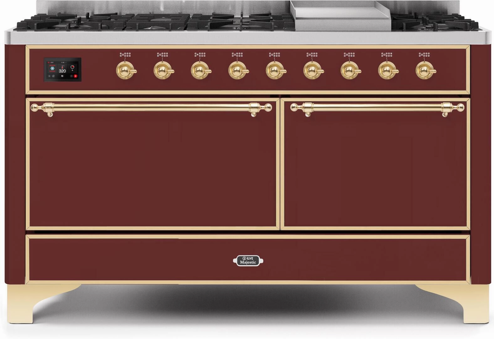 Ilve UM15FDQNS3BUG Majestic Ii 60 Inch Dual Fuel Natural Gas Freestanding Range In Burgundy With Brass Trim Freestanding Ranges freestanding dual fuel range 30 inch