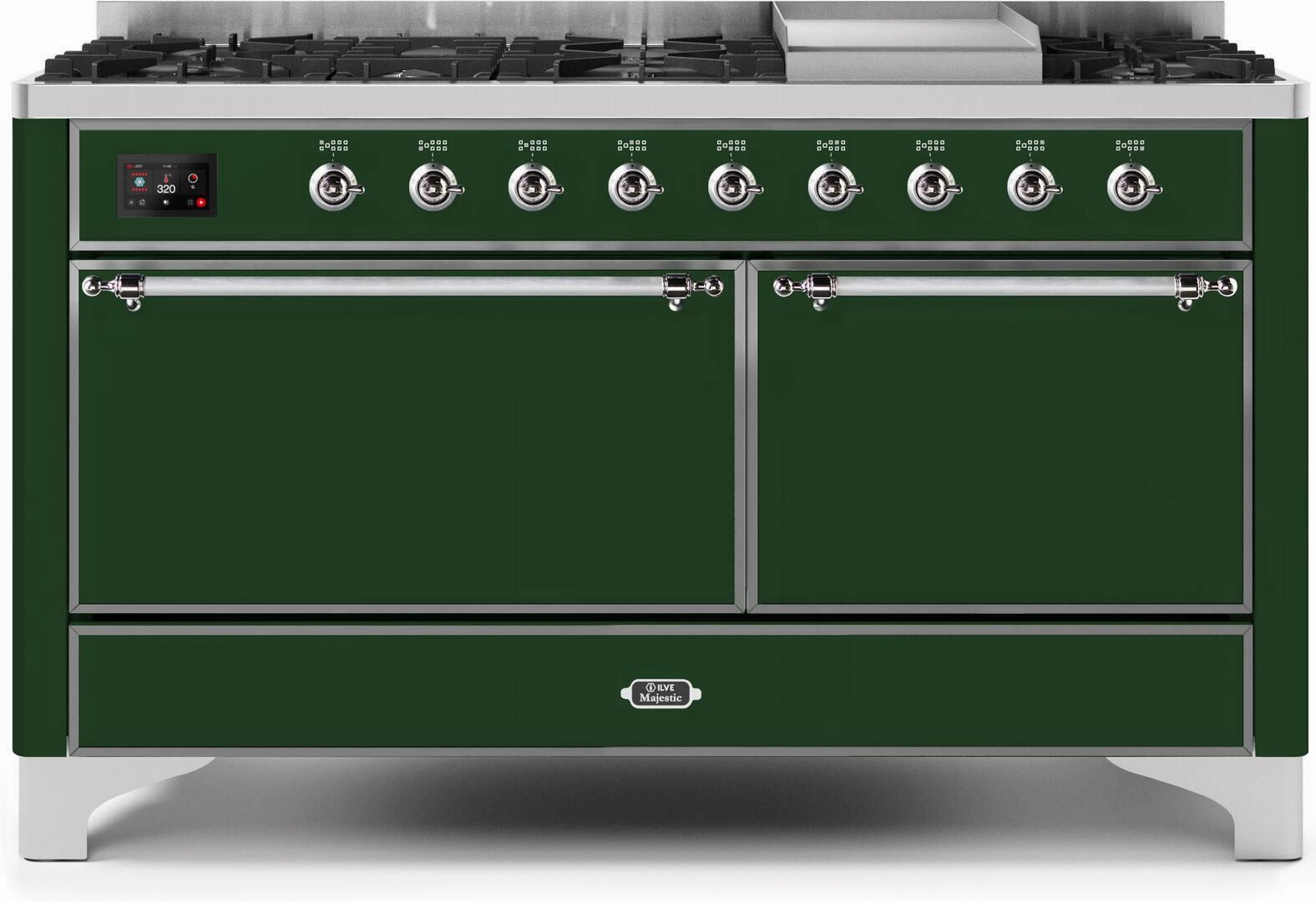 Ilve UM15FDQNS3EGC Majestic Ii 60 Inch Dual Fuel Natural Gas Freestanding Range In Emerald Green With Chrome Trim Freestanding Ranges freestanding dual fuel range 30 inch