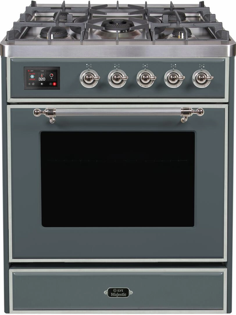 Ilve UM30DNE3BGC Majestic Ii 30 Inch Dual Fuel Natural Gas Freestanding Range In Blue Grey With Chrome Trim Freestanding Ranges freestanding dual fuel range 30 inch