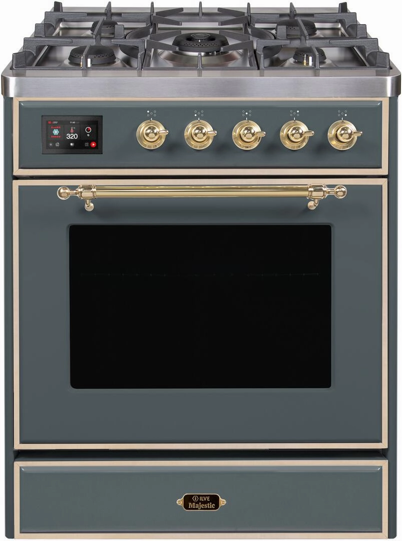 Ilve UM30DNE3BGG Majestic Ii 30 Inch Dual Fuel Natural Gas Freestanding Range In Blue Grey With Brass Trim Freestanding Ranges freestanding dual fuel range 30 inch