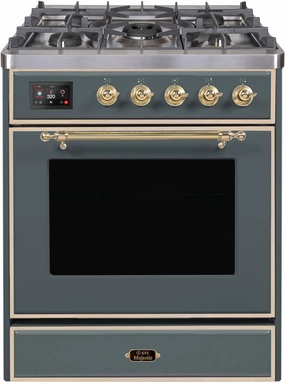 Ilve UM30DNE3BGG Majestic Ii 30 Inch Dual Fuel Natural Gas Freestanding Range In Blue Grey With Brass Trim Freestanding Ranges freestanding dual fuel range 30 inch