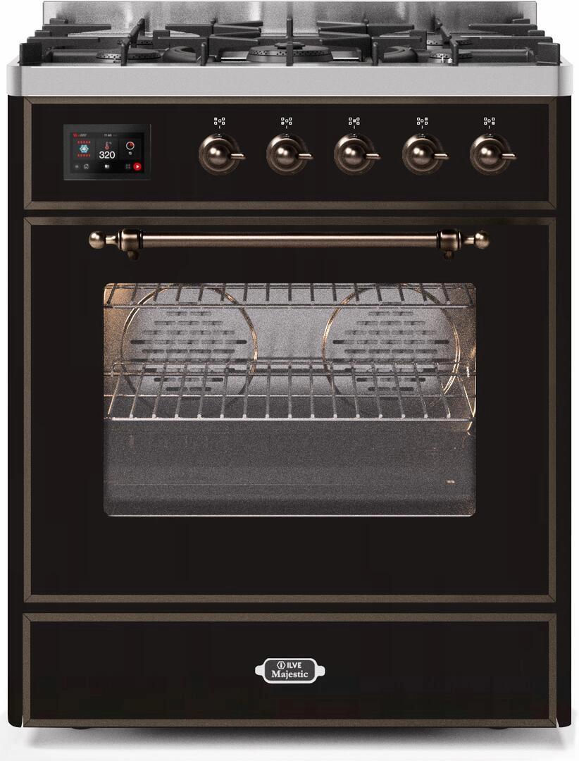 Ilve UM30DNE3BKBLP Majestic Ii 30 Inch Dual Fuel Liquid Propane Freestanding Range In Glossy Black With Bronze Trim Freestanding Ranges freestanding dual fuel range 30 inch