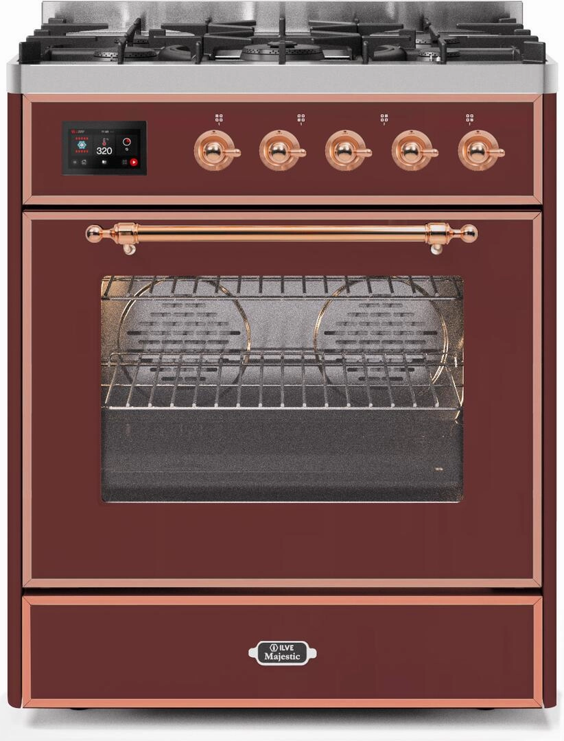 Ilve UM30DNE3BUPLP Majestic Ii 30 Inch Dual Fuel Liquid Propane Freestanding Range In Burgundy With Copper Trim Freestanding Ranges freestanding dual fuel range 30 inch