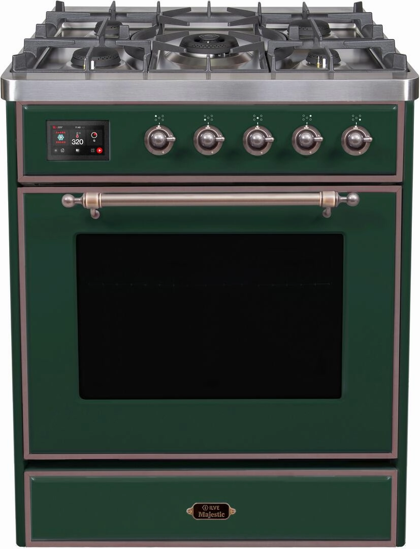 Ilve UM30DNE3EGB Majestic Ii 30 Inch Dual Fuel Natural Gas Freestanding Range In Emerald Green With Bronze Trim Freestanding Ranges freestanding dual fuel range 30 inch