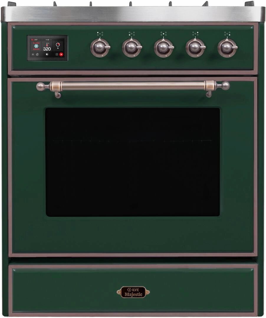 Ilve UM30DNE3EGBLP Majestic Ii 30 Inch Dual Fuel Liquid Propane Freestanding Range In Emerald Green With Bronze Trim