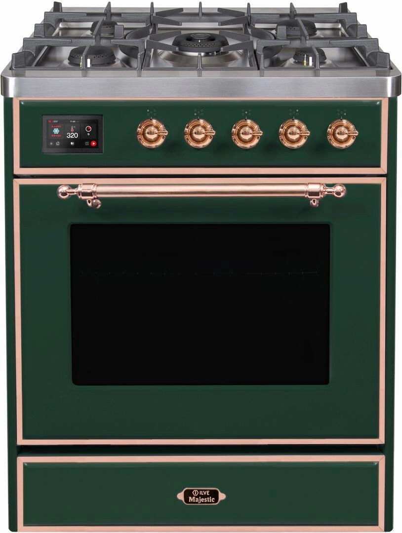 Ilve UM30DNE3EGP Majestic Ii 30 Inch Dual Fuel Natural Gas Freestanding Range In Emerald Green With Copper Trim Freestanding Ranges freestanding dual fuel range 30 inch