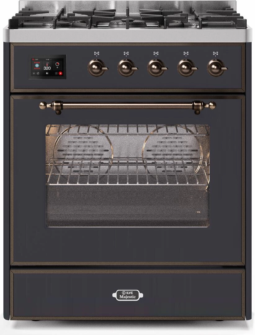 Ilve UM30DNE3MGB Majestic Ii 30 Inch Dual Fuel Natural Gas Freestanding Range In Matte Graphite With Bronze Trim Freestanding Ranges freestanding dual fuel range 30 inch