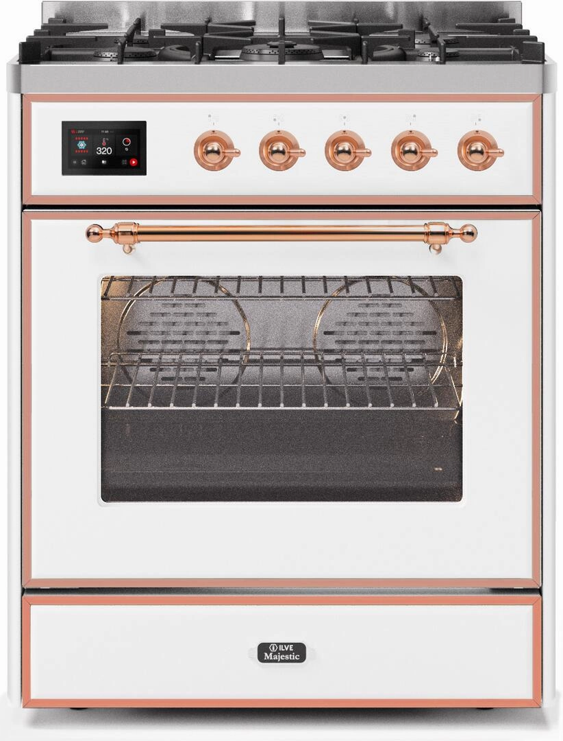 Ilve UM30DNE3WHPLP Majestic Ii 30 Inch Dual Fuel Liquid Propane Freestanding Range In White With Copper Trim Freestanding Ranges freestanding dual fuel range 30 inch