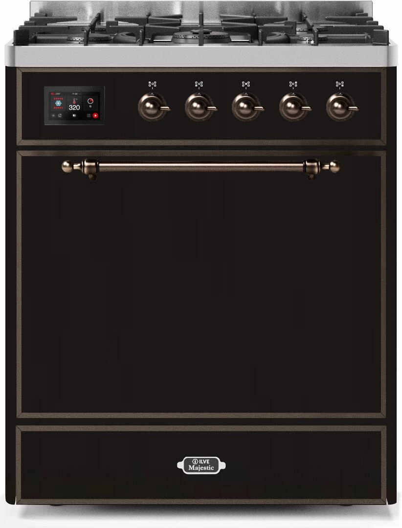 Ilve UM30DQNE3BKBLP Majestic Ii 30 Inch Dual Fuel Liquid Propane Freestanding Range In Glossy Black With Bronze Trim Freestanding Ranges freestanding dual fuel range 30 inch